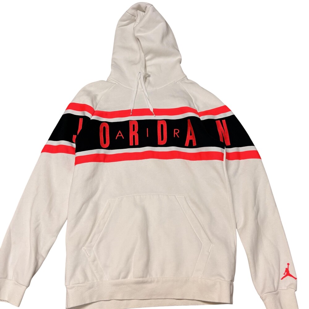 Jordan Hoodie Sweatshirt Mens Medium White Fleece Pullover Stripe Logo Nike